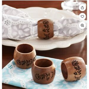 Pioneer Woman Etched Napkin Rings Wood 4pc 2" x 1.5" Kitchen Dining Gift NEW